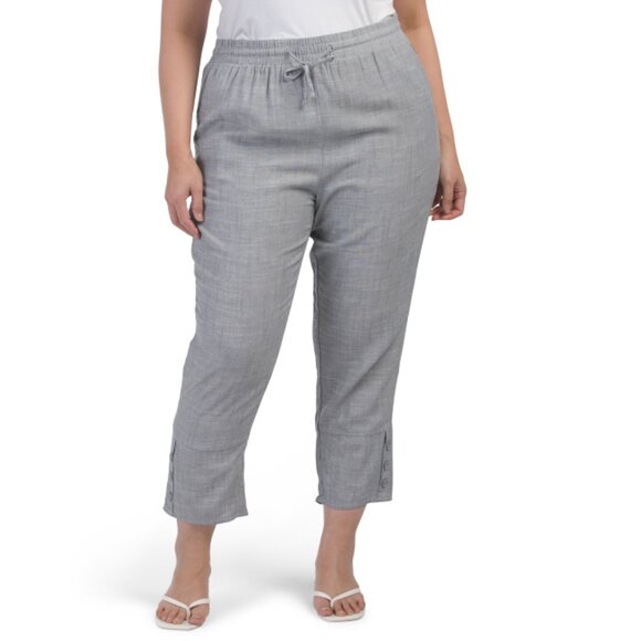 ROYALTY Grey Plus Linen Pull On Button Hem Pants - Picture 1 of 2